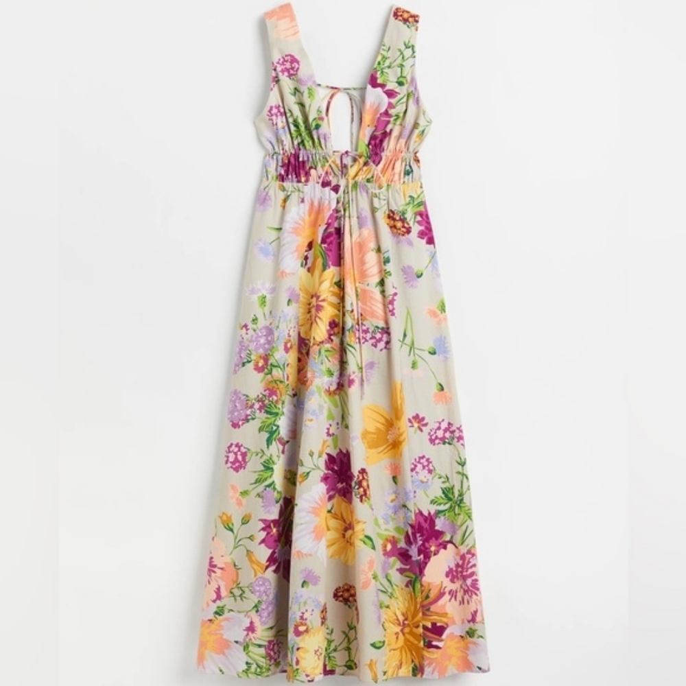Floral Linen Dress Midi V neck Adjustable Lined H&M